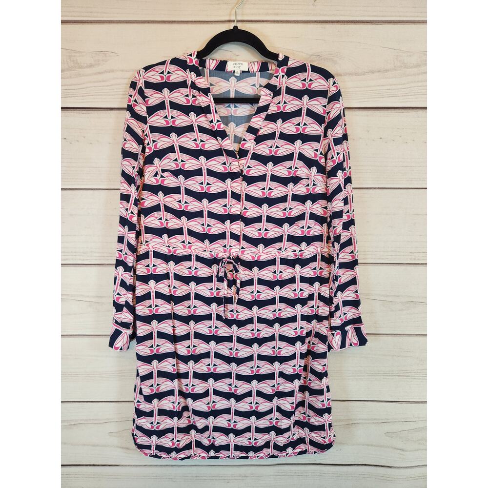 Crown & Ivy Women's Navy Pink Dragonfly 3/4 Sleeve Tie Waist Mini Dress‎ Size 2